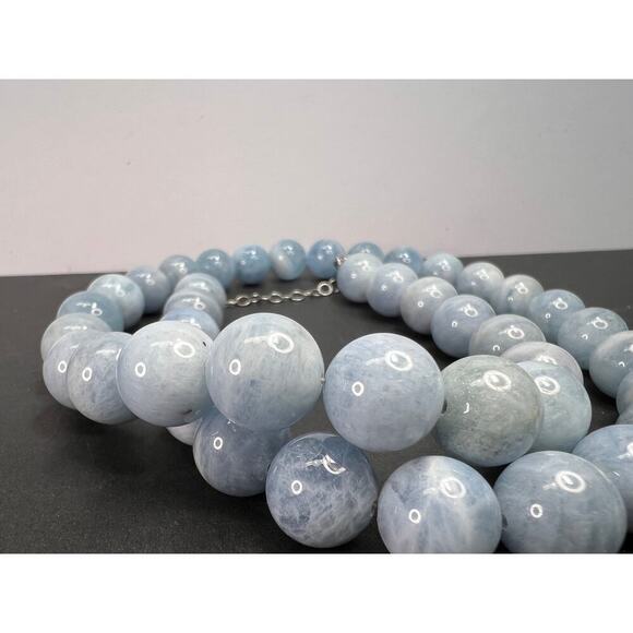 11mm Aquamarine beaded necklace with sterling silver clasp - Picture 8 of 11
